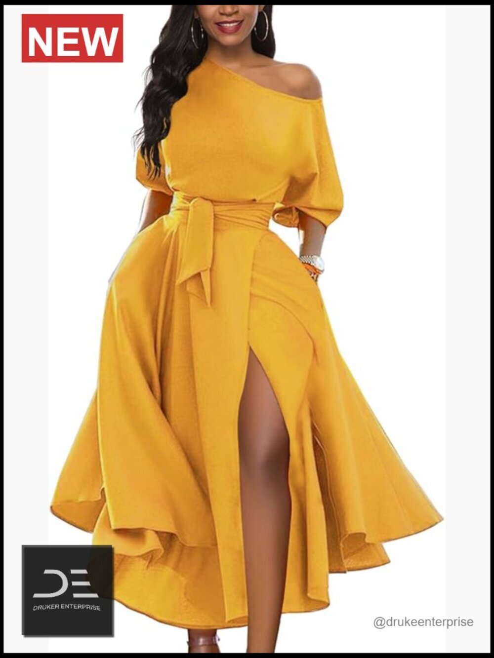 Off Shoulder Short Sleeve Belted Side Slit Swing Cocktail Dress with Pockets